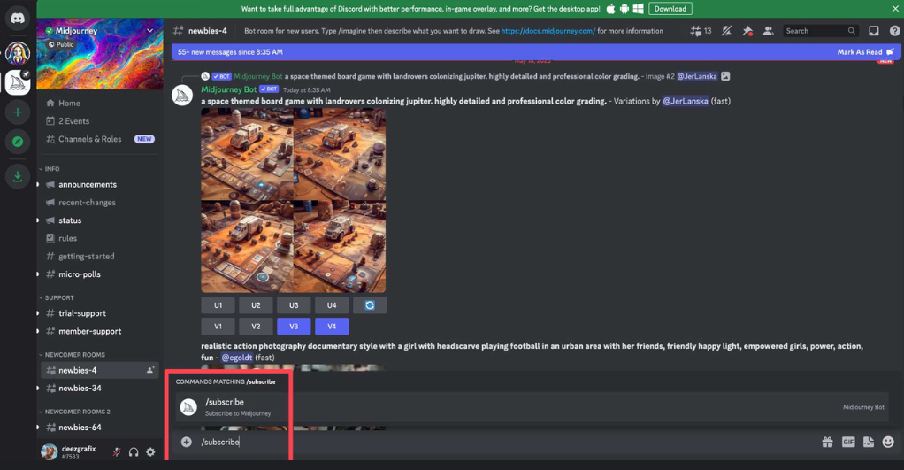 Type “/subscribe” into the “Midjourney Bot” chat box to select a package membership.
