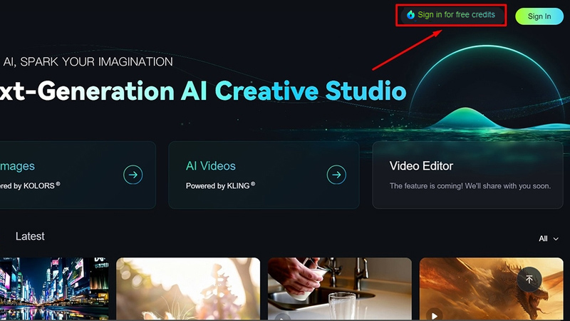 Sign in for free credits Kling AI