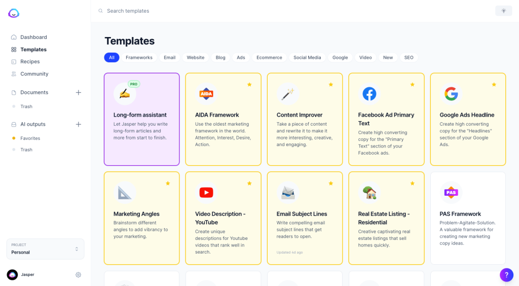 Jasper offers over 50 flexible custom templates for all types of content