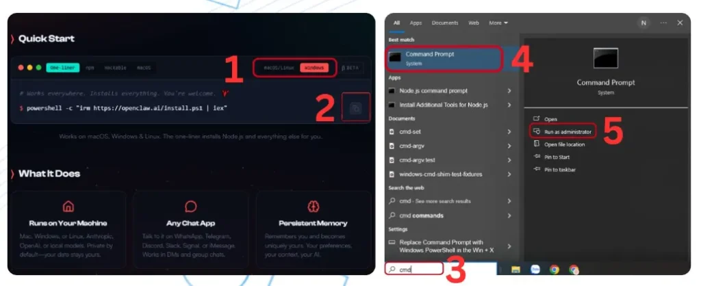 Go to the OpenClaw website, copy the Quick Start link, and paste it into Command Prompt to install