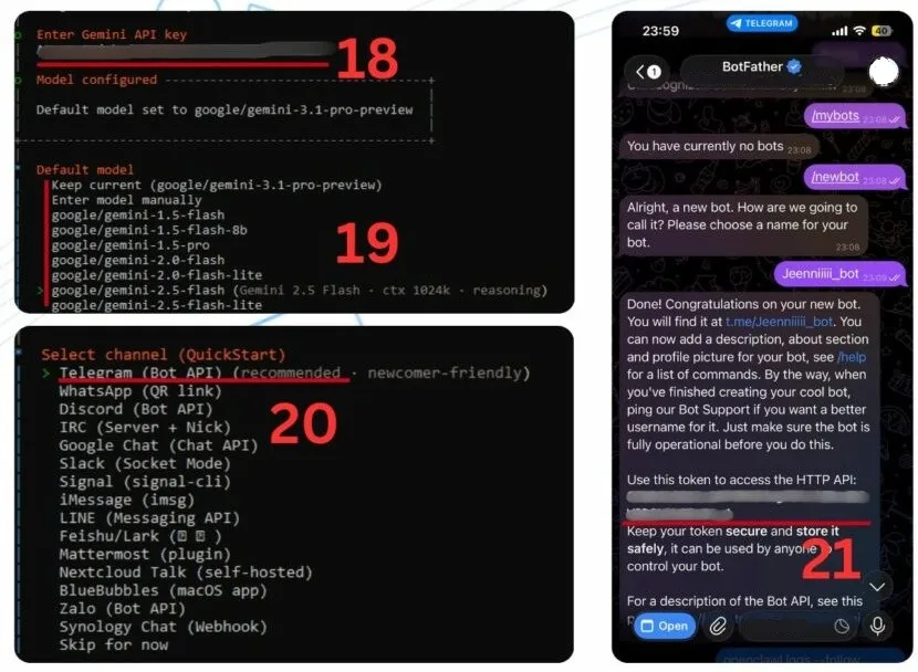 Paste the Google Gemini API key and select the AI model version; the messaging application will then be linked
